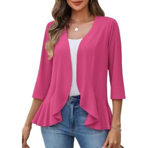 image:imageZeagoo Womens 2026 Summer 34 Sleeve Lightweight Cardigans Open Front Draped Ruffles Kimono CoverupsRose