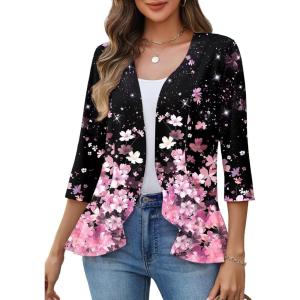 image:imageZeagoo Womens 2026 Summer 34 Sleeve Lightweight Cardigans Open Front Draped Ruffles Kimono CoverupsSf31