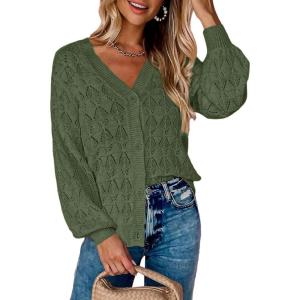 image:imageZeagoo Womens Lightweight Crochet Cropped Cardigan 2026 V Neck Long Sleeve Button up Bolero Shrug SweaterGreen