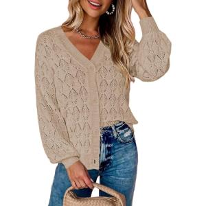 image:imageZeagoo Womens Lightweight Crochet Cropped Cardigan 2026 V Neck Long Sleeve Button up Bolero Shrug SweaterKhaki