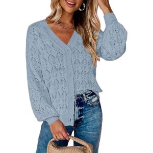 image:imageZeagoo Womens Lightweight Crochet Cropped Cardigan 2026 V Neck Long Sleeve Button up Bolero Shrug SweaterLight Blue