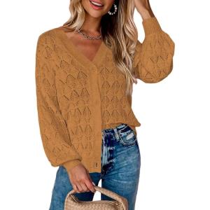 image:imageZeagoo Womens Lightweight Crochet Cropped Cardigan 2026 V Neck Long Sleeve Button up Bolero Shrug SweaterLight Brown