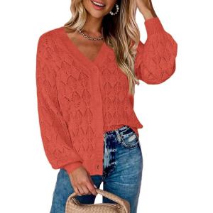 image:imageZeagoo Womens Lightweight Crochet Cropped Cardigan 2026 V Neck Long Sleeve Button up Bolero Shrug SweaterRed