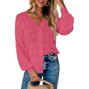 image:imageZeagoo Womens Lightweight Crochet Cropped Cardigan 2026 V Neck Long Sleeve Button up Bolero Shrug SweaterRose