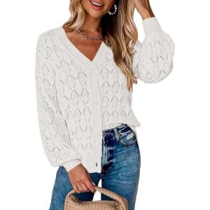 image:imageZeagoo Womens Lightweight Crochet Cropped Cardigan 2026 V Neck Long Sleeve Button up Bolero Shrug SweaterWhite