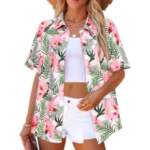 image:imageZeagoo Hawaiian Shirts for Women Tropical Floral Button Down Short Sleeve Blouses Summer Beach Shirt Vacation TopsApink Floral