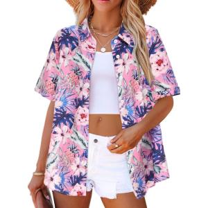 image:imageZeagoo Hawaiian Shirts for Women Tropical Floral Button Down Short Sleeve Blouses Summer Beach Shirt Vacation TopsApink Tropical