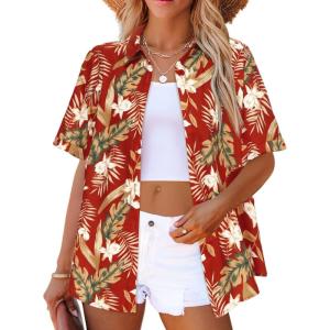 image:imageZeagoo Hawaiian Shirts for Women Tropical Floral Button Down Short Sleeve Blouses Summer Beach Shirt Vacation TopsAred Tropical