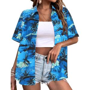 image:imageZeagoo Hawaiian Shirts for Women Tropical Floral Button Down Short Sleeve Blouses Summer Beach Shirt Vacation TopsBlue Hawaiian