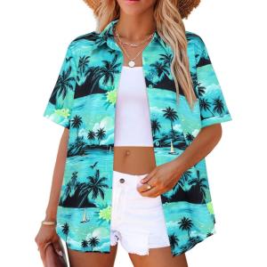 image:imageZeagoo Hawaiian Shirts for Women Tropical Floral Button Down Short Sleeve Blouses Summer Beach Shirt Vacation TopsGreen Hawaiian