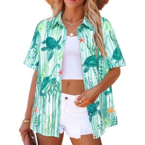 image:imageZeagoo Hawaiian Shirts for Women Tropical Floral Button Down Short Sleeve Blouses Summer Beach Shirt Vacation TopsGreen Turtle