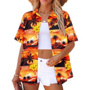 image:imageZeagoo Hawaiian Shirts for Women Tropical Floral Button Down Short Sleeve Blouses Summer Beach Shirt Vacation TopsOrange Hawaiian