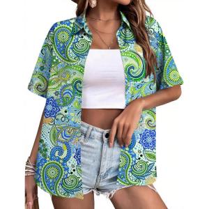 image:imageZeagoo Hawaiian Shirts for Women Tropical Floral Button Down Short Sleeve Blouses Summer Beach Shirt Vacation TopsPaisley Cashew Green