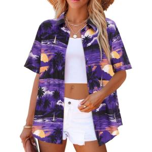 image:imageZeagoo Hawaiian Shirts for Women Tropical Floral Button Down Short Sleeve Blouses Summer Beach Shirt Vacation TopsPurple Hawaiian