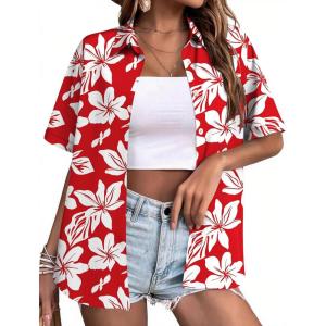image:imageZeagoo Hawaiian Shirts for Women Tropical Floral Button Down Short Sleeve Blouses Summer Beach Shirt Vacation TopsRedwhite Floral