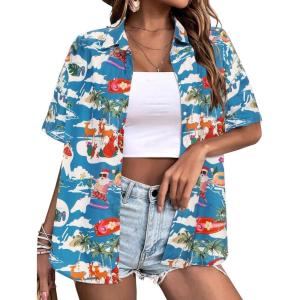 image:imageZeagoo Hawaiian Shirts for Women Tropical Floral Button Down Short Sleeve Blouses Summer Beach Shirt Vacation TopsZblue Christmas