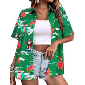 image:imageZeagoo Hawaiian Shirts for Women Tropical Floral Button Down Short Sleeve Blouses Summer Beach Shirt Vacation TopsZgreen Christmas