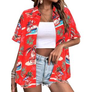 image:imageZeagoo Hawaiian Shirts for Women Tropical Floral Button Down Short Sleeve Blouses Summer Beach Shirt Vacation TopsZred Christmas Hawaiian