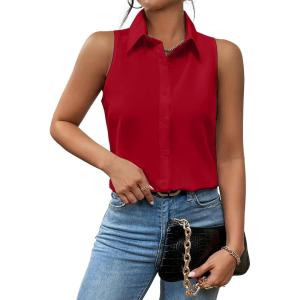 image:imageZeagoo Womens Sleeveless Button Down Shirts Blouses Casual Loose V Neck Tank Tops for Work SXXLRed2