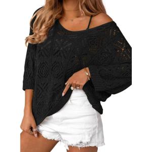 image:imageZeagoo Womens Summer Crochet Off the Shoulder Hollow Out Knit Tops 2026 V Neck 34 Sleeve Sweater TopBlack