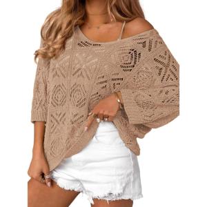image:imageZeagoo Womens Summer Crochet Off the Shoulder Hollow Out Knit Tops 2026 V Neck 34 Sleeve Sweater TopCamel