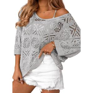 image:imageZeagoo Womens Summer Crochet Off the Shoulder Hollow Out Knit Tops 2026 V Neck 34 Sleeve Sweater TopGrey