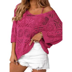 image:imageZeagoo Womens Summer Crochet Off the Shoulder Hollow Out Knit Tops 2026 V Neck 34 Sleeve Sweater TopRose Red