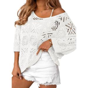 image:imageZeagoo Womens Summer Crochet Off the Shoulder Hollow Out Knit Tops 2026 V Neck 34 Sleeve Sweater TopWhite
