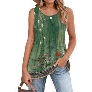 image:imageZeagoo Womens Summer Tank Tops 2026 Pleated Crew Neck Floral Solid Loose Fit Casual Sleeveless Flowy Boho Tunic ShirtsMz839