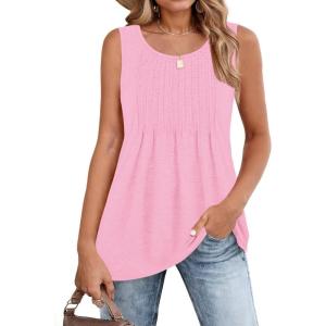 image:imageZeagoo Womens Summer Tank Tops 2026 Pleated Crew Neck Floral Solid Loose Fit Casual Sleeveless Flowy Boho Tunic ShirtsPink