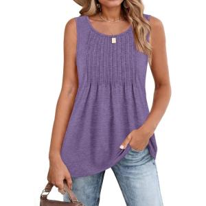 image:imageZeagoo Womens Summer Tank Tops 2026 Pleated Crew Neck Floral Solid Loose Fit Casual Sleeveless Flowy Boho Tunic ShirtsPurple