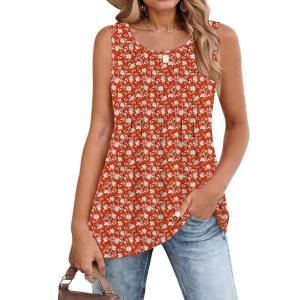 image:imageZeagoo Womens Summer Tank Tops 2026 Pleated Crew Neck Floral Solid Loose Fit Casual Sleeveless Flowy Boho Tunic ShirtsSf230