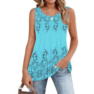 image:imageZeagoo Womens Summer Tank Tops 2026 Pleated Crew Neck Floral Solid Loose Fit Casual Sleeveless Flowy Boho Tunic ShirtsSf314