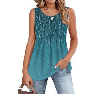 image:imageZeagoo Womens Summer Tank Tops 2026 Pleated Crew Neck Floral Solid Loose Fit Casual Sleeveless Flowy Boho Tunic ShirtsXh363