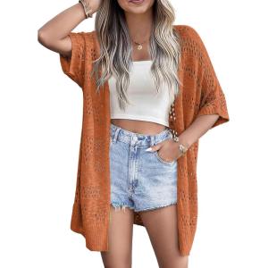 image:imageZeagoo Lightweight Summer Crochet Cardigan for Women Short Sleeve Kimono Boho Oversized Open Front Knitted CardiganCaramel