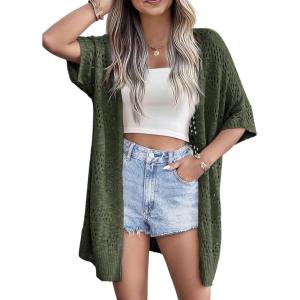 image:imageZeagoo Lightweight Summer Crochet Cardigan for Women Short Sleeve Kimono Boho Oversized Open Front Knitted CardiganDark Green