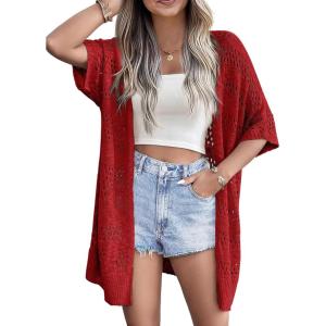 image:imageZeagoo Lightweight Summer Crochet Cardigan for Women Short Sleeve Kimono Boho Oversized Open Front Knitted CardiganRed