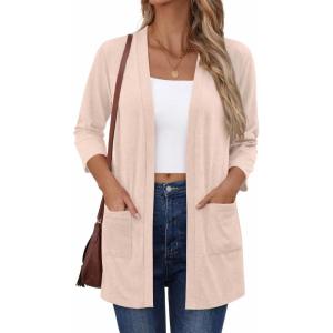 image:imageZeagoo Womens Casual Lightweight Cardigan 34 Sleeve Open Front Loose Thin Cardigans with PocketsChampagne