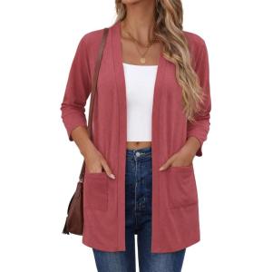 image:imageZeagoo Womens Casual Lightweight Cardigan 34 Sleeve Open Front Loose Thin Cardigans with PocketsDeep Red