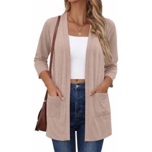 image:imageZeagoo Womens Casual Lightweight Cardigan 34 Sleeve Open Front Loose Thin Cardigans with PocketsKhaki