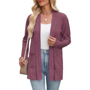 image:imageZeagoo Womens Lightweight Cardigan Open Front Long Sleeve Casual Loose Thin Cardigans with Pockets 2026Wine Red