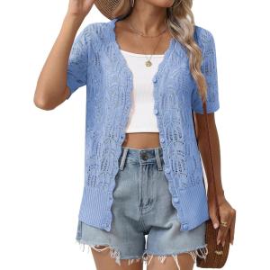 image:imageZeagoo Womens Short Sleeve Summer Cardigan VNeck Button up Lightweight Hollow Out Sweater Cardigans ShrugBlue