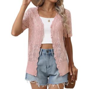 image:imageZeagoo Womens Short Sleeve Summer Cardigan VNeck Button up Lightweight Hollow Out Sweater Cardigans ShrugPink
