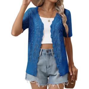 image:imageZeagoo Womens Short Sleeve Summer Cardigan VNeck Button up Lightweight Hollow Out Sweater Cardigans ShrugRoyal Blue
