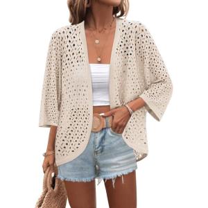 image:imageZeagoo Womens Summer Crochet Cardigan Sweaters Lightweight Open Front 34 Sleeve Batwing Kimono Boho Knit Cover Ups 2026Apricot