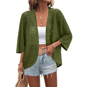 image:imageZeagoo Womens Summer Crochet Cardigan Sweaters Lightweight Open Front 34 Sleeve Batwing Kimono Boho Knit Cover Ups 2026Army Green