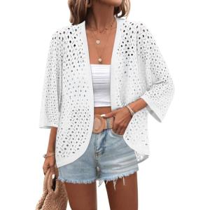 image:imageZeagoo Womens Summer Crochet Cardigan Sweaters Lightweight Open Front 34 Sleeve Batwing Kimono Boho Knit Cover Ups 2026Awhite
