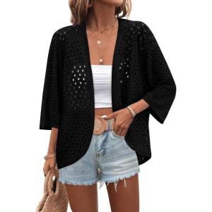 image:imageZeagoo Womens Summer Crochet Cardigan Sweaters Lightweight Open Front 34 Sleeve Batwing Kimono Boho Knit Cover Ups 2026Black