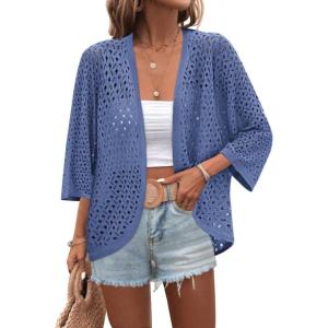 image:imageZeagoo Womens Summer Crochet Cardigan Sweaters Lightweight Open Front 34 Sleeve Batwing Kimono Boho Knit Cover Ups 2026Blue