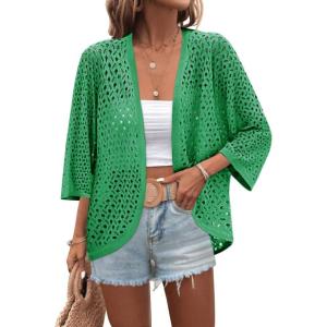 image:imageZeagoo Womens Summer Crochet Cardigan Sweaters Lightweight Open Front 34 Sleeve Batwing Kimono Boho Knit Cover Ups 2026Green